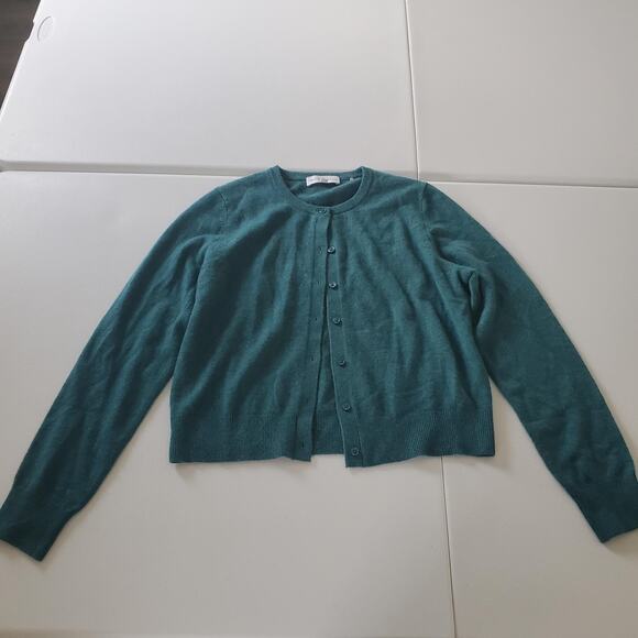 White + Warren Cardigan Sweater Womens Large Teal 100% Cashmere Button Front - Picture 1 of 8